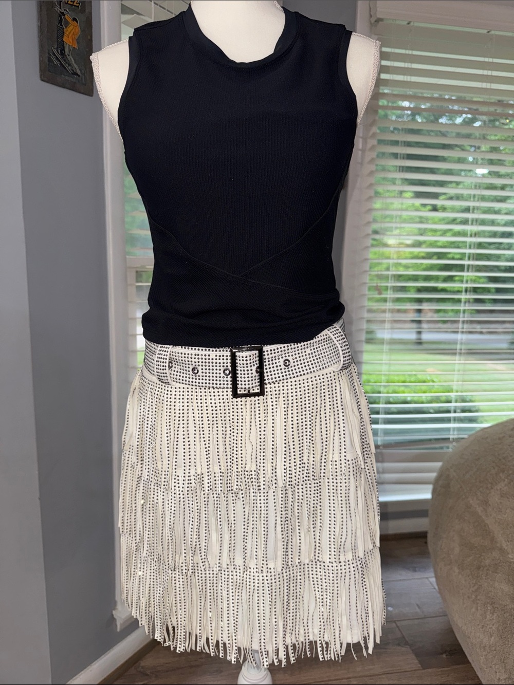 NWT-Fringed White Eyelet Midi Skirt with Belt